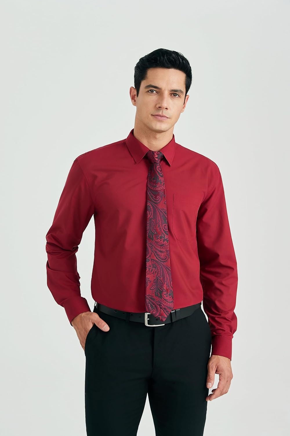 HISDERN Herren Hemd Langarm Einfarbige Hemden mit Krawatte und Taschentuch Formelle Businesshemd Hoc