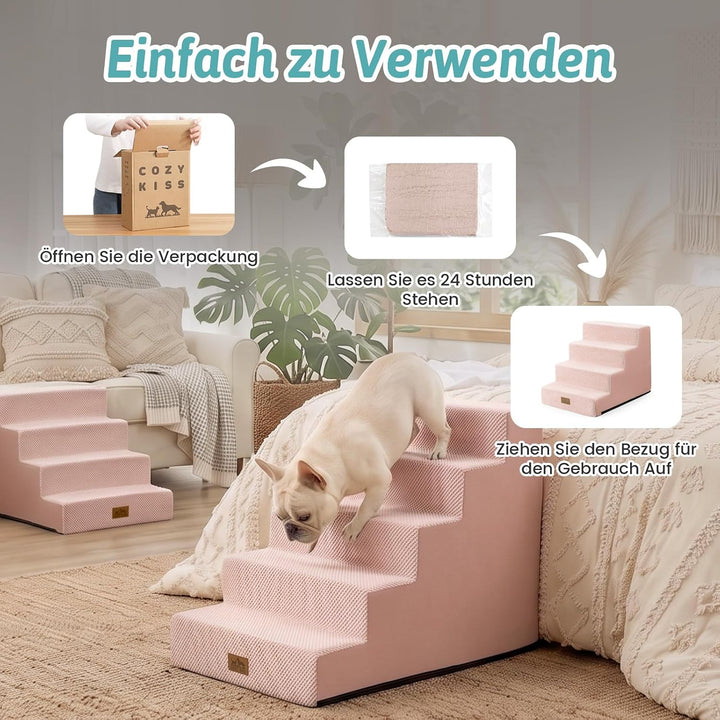 COZY KISS Hundetreppe für Kleine Hunde, 5 Stufen Breiter Haustiertreppe für Bett Couch Auto, 60cm Ho