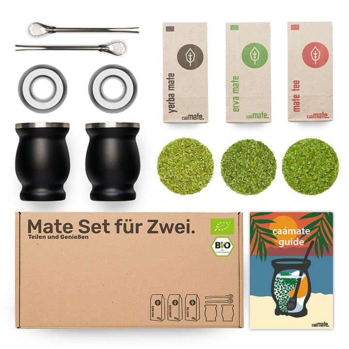 Mate Tee Set Bio ● 3 Matesorten + 2 doppelwandige Edelstahl Matebecher + 2 Bombillas + Zubereitungsa