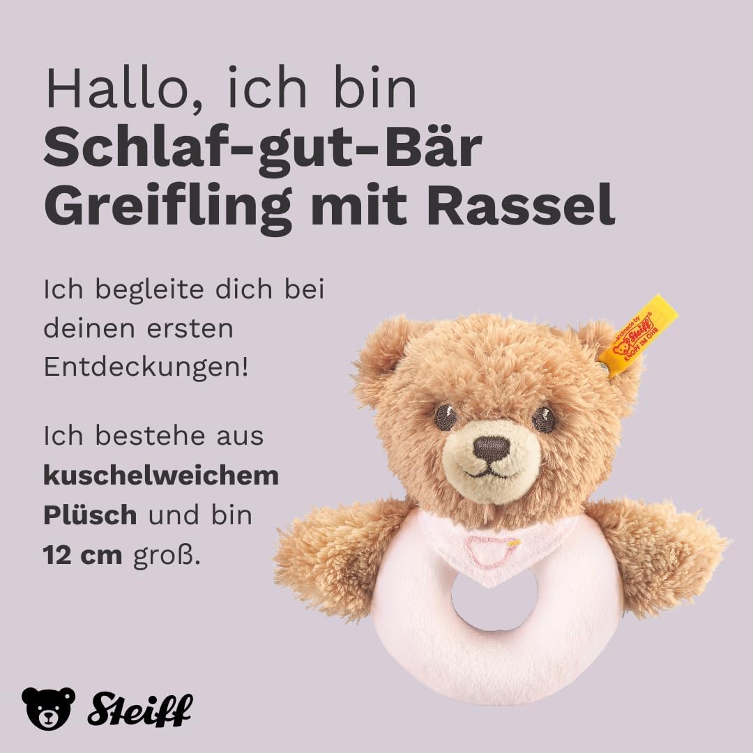 Steiff Kuscheltier Schlaf-gut-Bär Greifling mit Rassel, Süsses Stofftier, Jungen, Mädchen & Babys ab