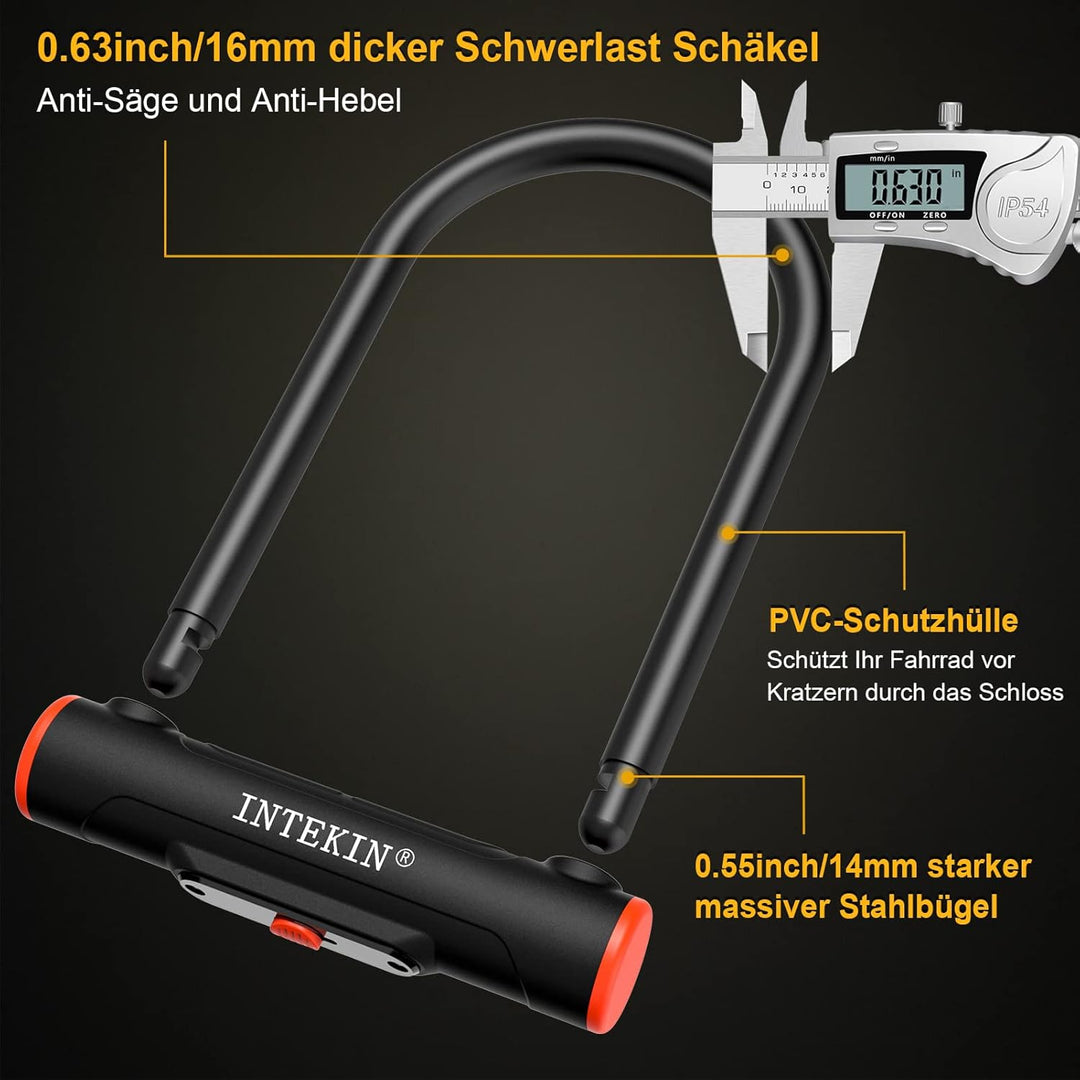 INTEKIN Fahrrad Bügelschloss, 16 mm Schweres Fahrradschloss mit Halterung, Hohe Sicherheit Fahrrad S