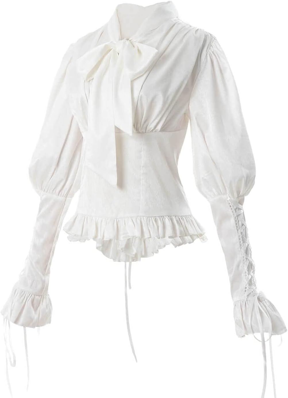 Damen Viktorianisch Bluse Vintage Schleifenhemd Stehkragen mit Ruff Langarmshirt Mittelalter Bluse 3