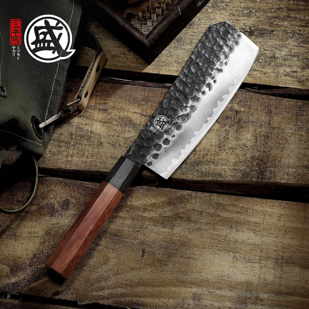MITSUMOTO SAKARI Küchenmesser Profi, Hochkohlenstoffstahl Kochmesser, 19 cm Japanischem Handgeschmie