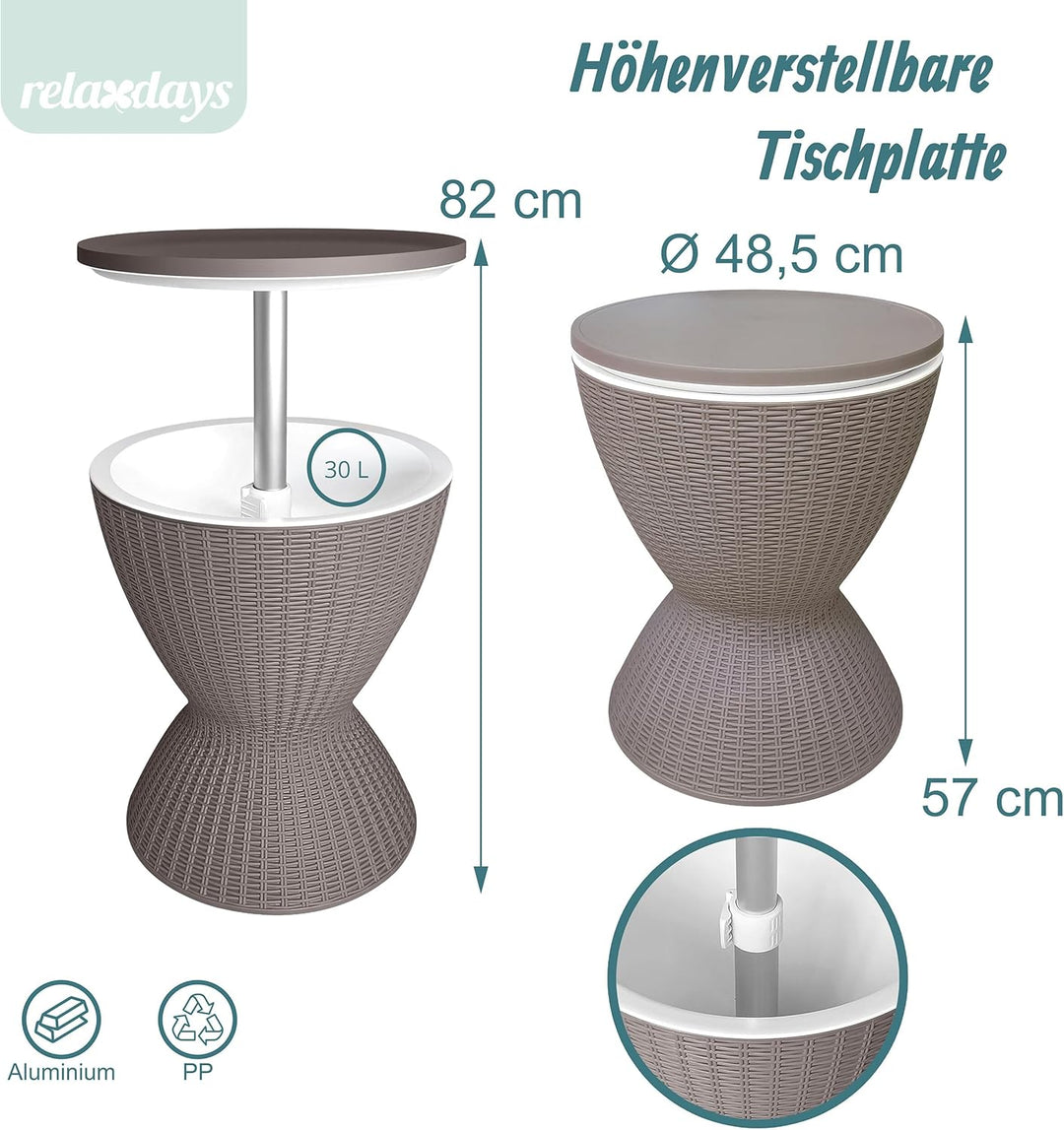 Relaxdays Beistelltisch mit Kühlfunktion, 30 L, Cool Bar, HxØ: 57x48,5 cm, höhenverstellbar, Rattan,