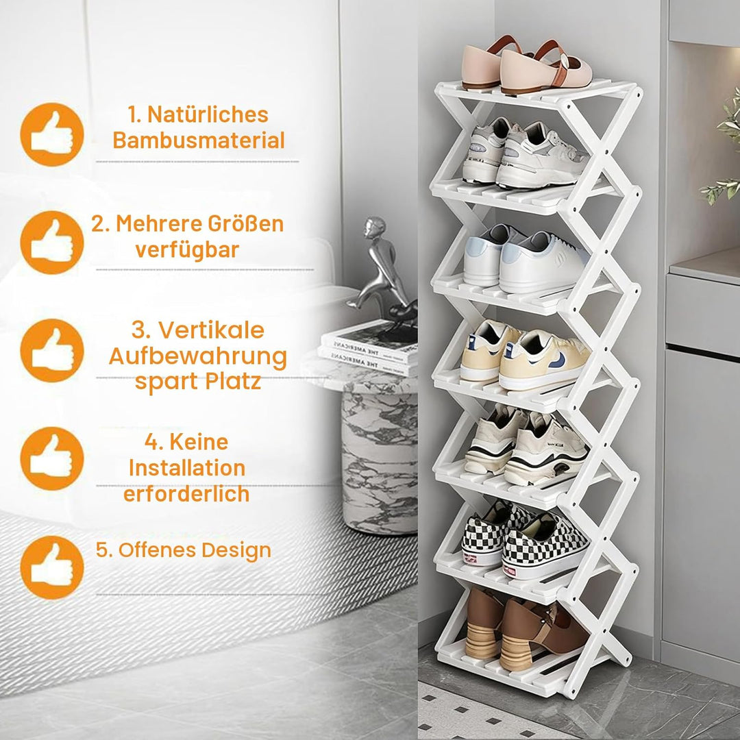 Kleines Schuhregal, weiss, 4 Etagen, Bambus, faltbar, Schuh-Organizer, freistehendes Regal für Einga