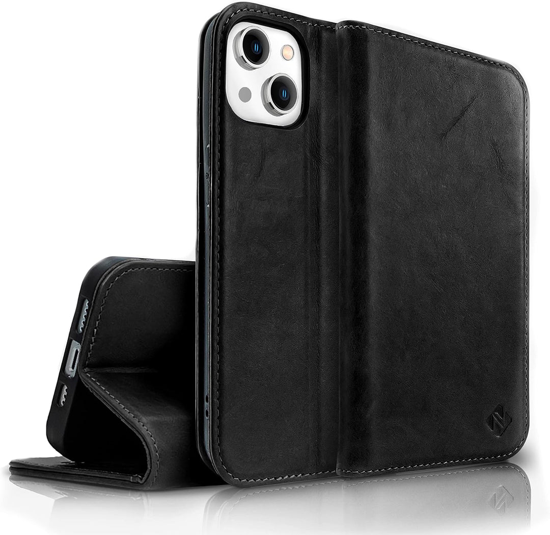 NALIA Echt-Leder Flipcase kompatibel mit iPhone 14 Hülle, Handgefertigt Rindsleder Schutzhülle mit R