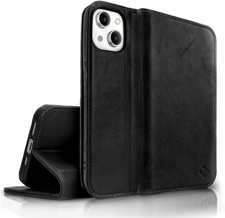NALIA Echt-Leder Flipcase kompatibel mit iPhone 14 Hülle, Handgefertigt Rindsleder Schutzhülle mit R
