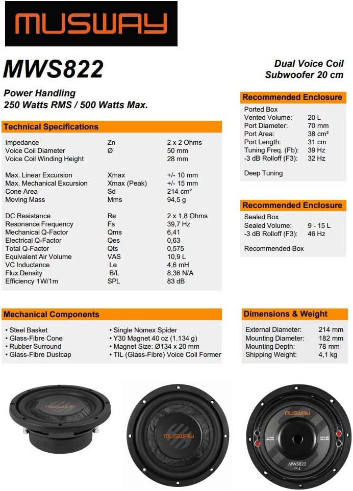 Musway MWS822 | 8' Flat Subwoofer 8' (20 cm) FLACH Subwoofer