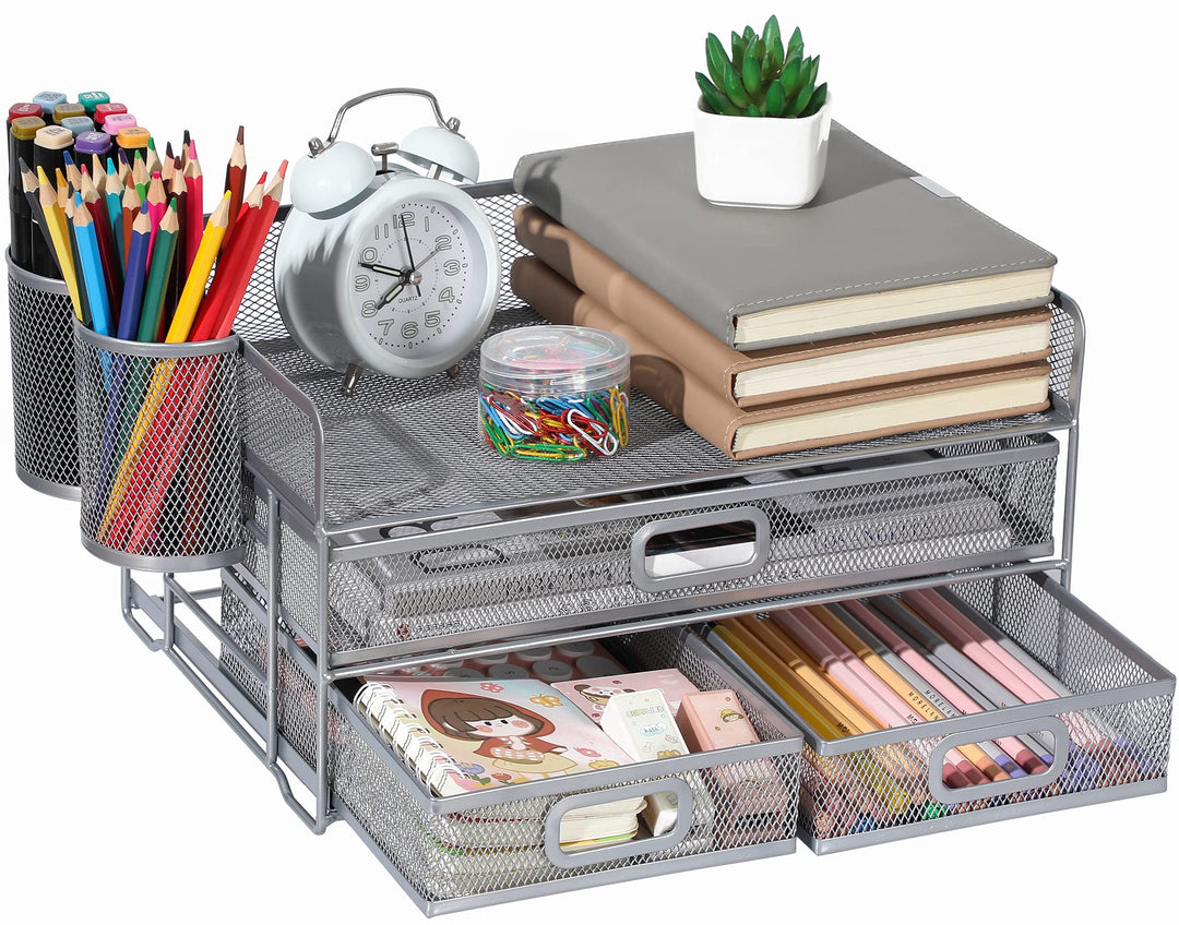 3-Trays Desktop Organizer mit Schublade, Mesh Büro Schreibtisch liefert Organizer Dokumenten Buchsta