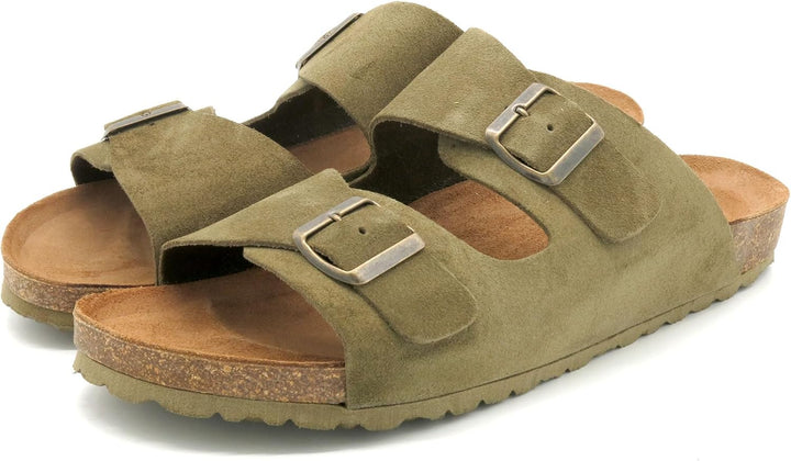 Casual Herren Pantoletten Nubuk Leder Sandalen Korksohle &amp; Echtleder Fussbett 39-47 42 EU Khaki, 42