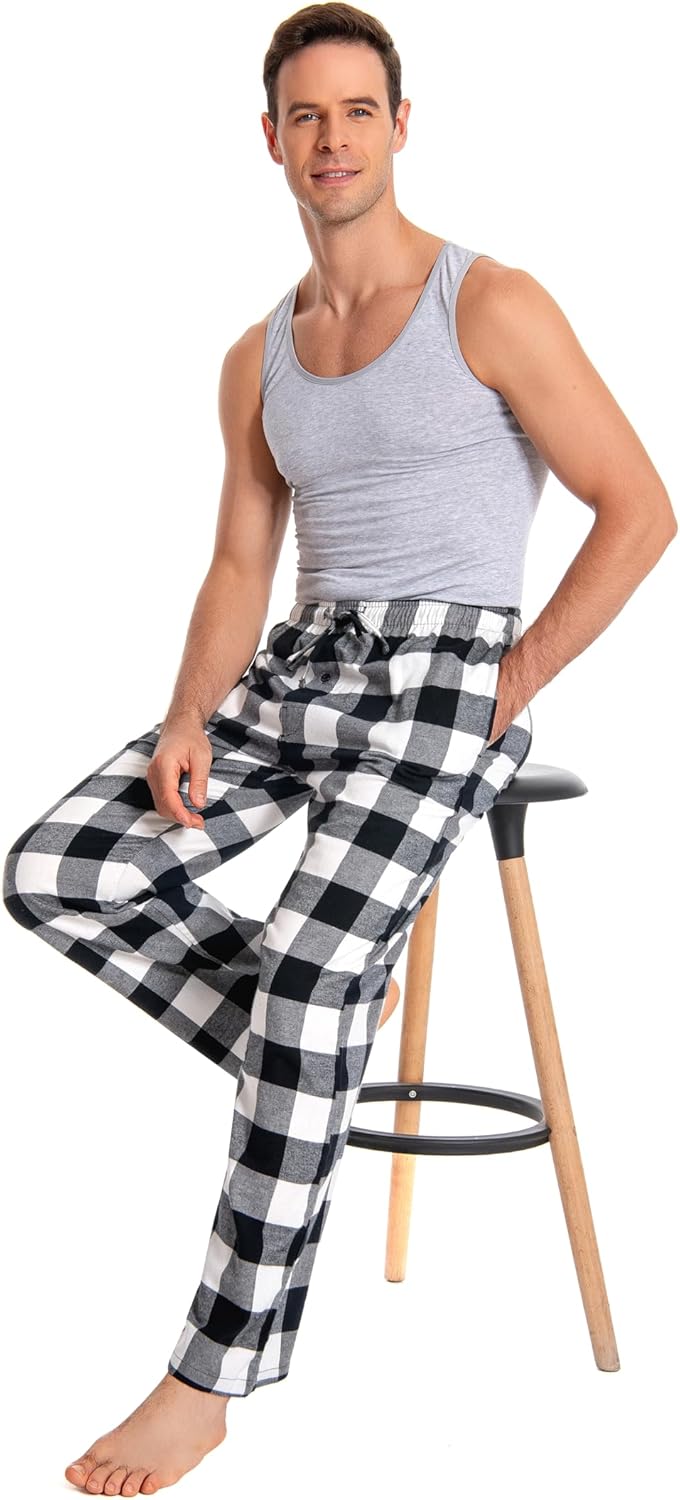 Herren 100% Baumwolle Flanell Bequeme Pyjama/Lounge Bottoms mit Taschen XL Black White Check, XL Bla