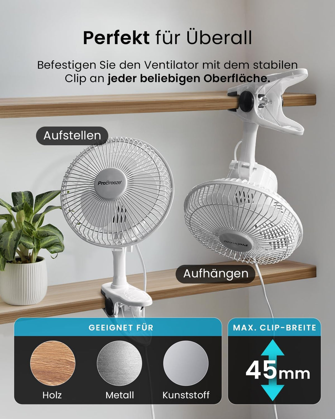 Pro BreezeTM Mini Ventilator mit Clip, sehr leiser Betrieb, 20 cm Durchmesser, 2 Geschwindigkeitsstu