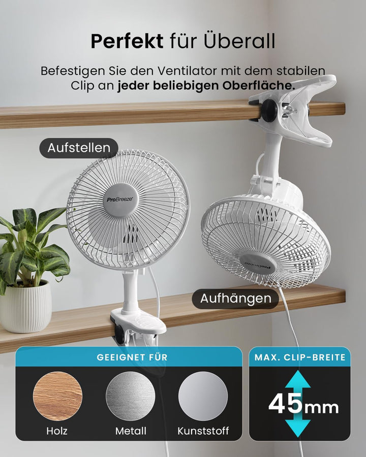 Pro BreezeTM Mini Ventilator mit Clip, sehr leiser Betrieb, 20 cm Durchmesser, 2 Geschwindigkeitsstu