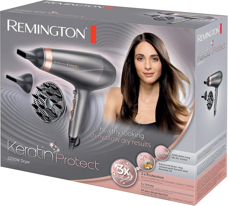 Remington Haartrockner Profi Ionen Keratin Protect (2200W, 150km/h, 3 Stylingaufsätze, angereichert