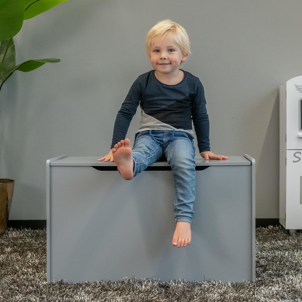 Bandits & Angels Spielzeugkiste aus Holz, Aufbewahrungsbox XL grau – sicherer Verschluss mit Gasfede