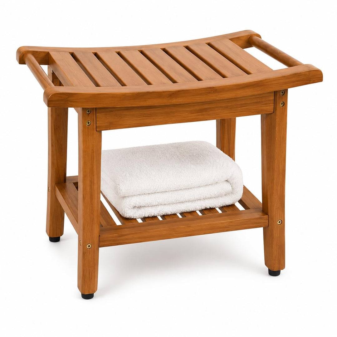 Divero Badhocker TICAO aus Teakholz, behandelt, mit Handtuchhalter und extra Ablagefläche – Farbe: B