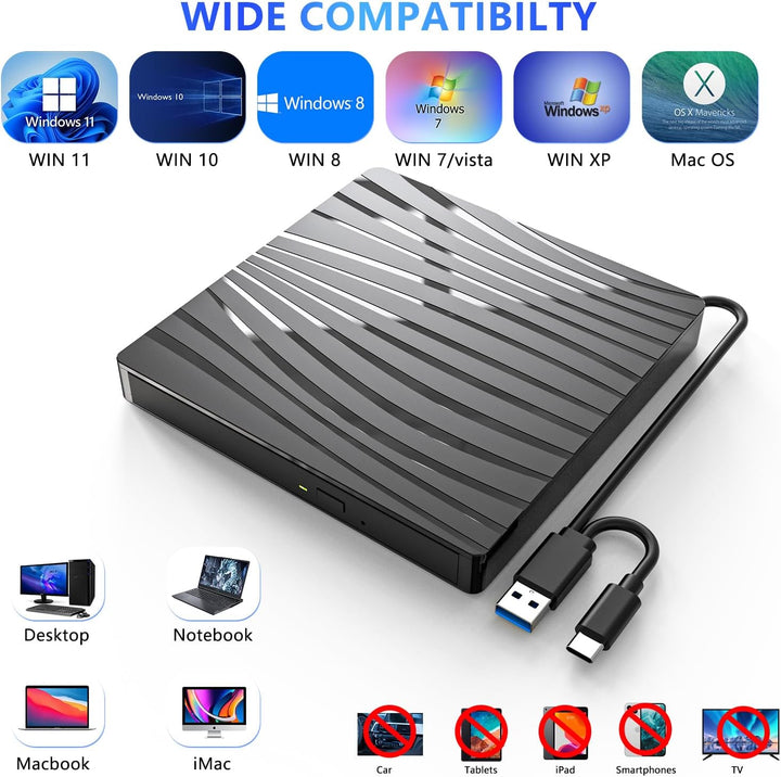 QDSYLQ Externes DVD Laufwerk, USB 3.0 & Type-C Tragbar CD DVD +/-RW Brenner Optical Drive DVD Laufwe