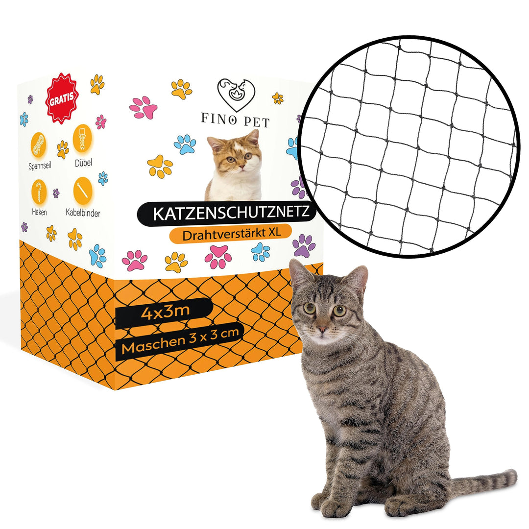 FinoPet Katzennetz für Balkon drahtverstärkt 4x3 Meter inklusive Befestigungsmaterial, Katzenschutzn