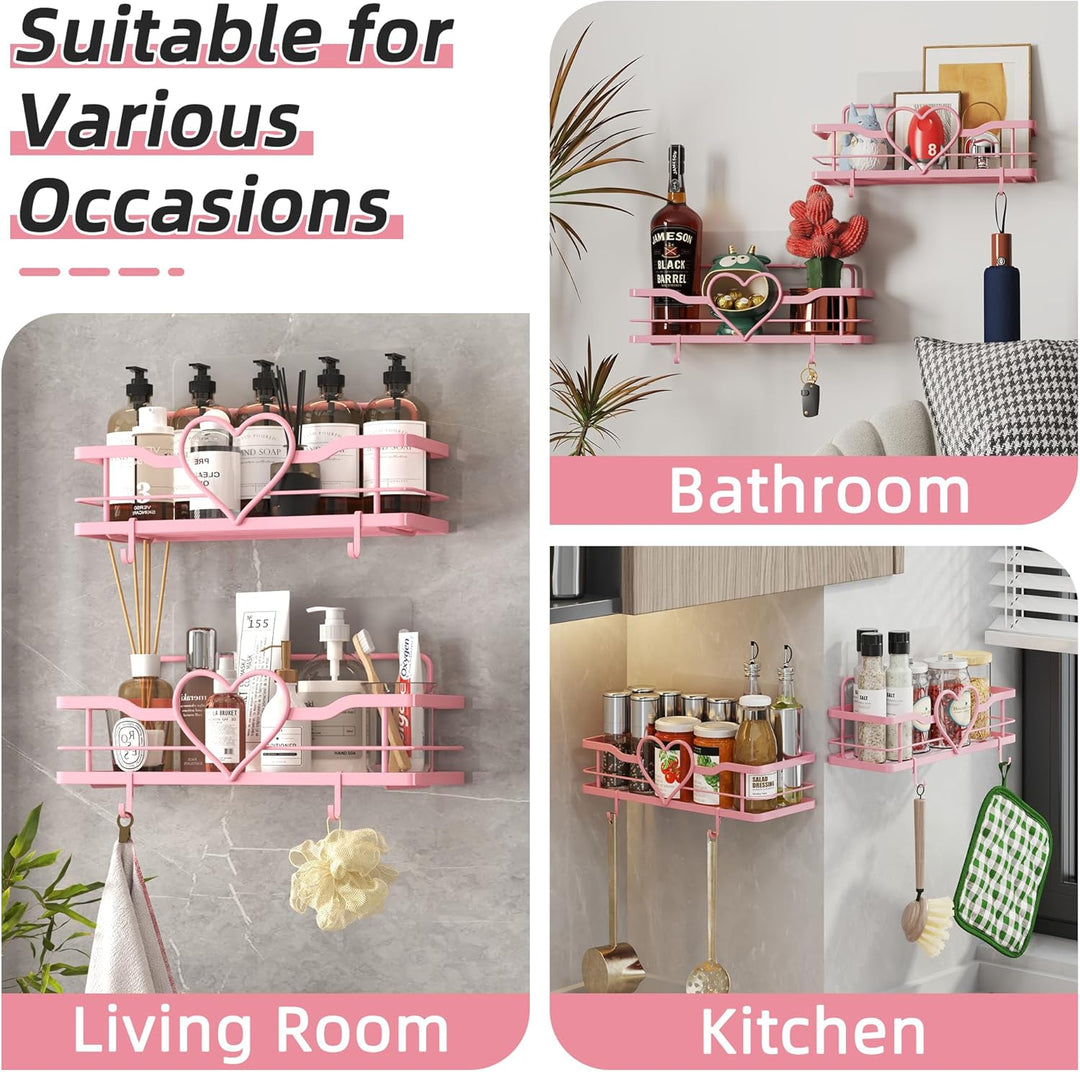 2 Stück Duschablage Ohne Bohren, Rosa Duschregal mit 4 Haken, Dusche Halterung Duschkorb zum kleben,