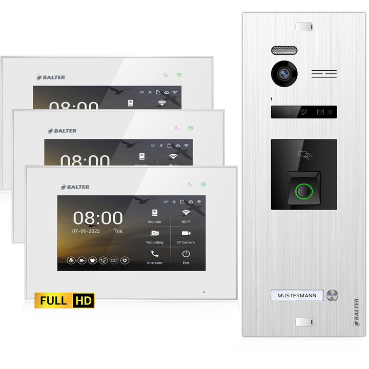 Balter EVO-HD Video Türsprechanlage mit Fingerprint, Video Türklingel, 1 Familienhaus, 3X 7 Zoll Mon