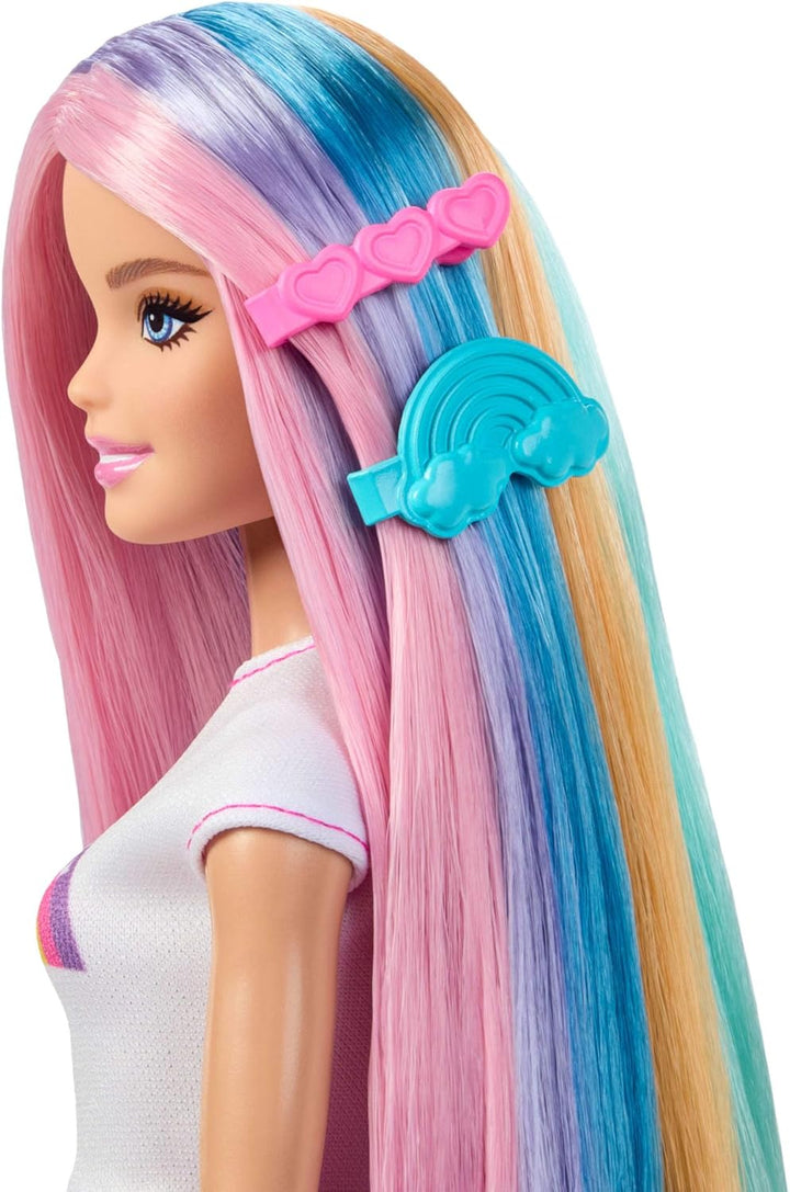 Barbie Regenbogen-Glitzerhaar Puppe, besonders Lange und Bunte Haare mit 12 Styling-Zubehörteilen wi