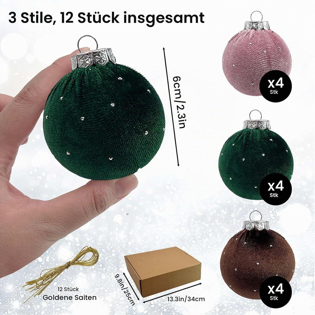 SNAIL GARDEN 12 Stück Glitzer-Samt-Weihnachtskugeln mit Goldenen Schnüren, 6cm Weihnachtsbaum-Dekora