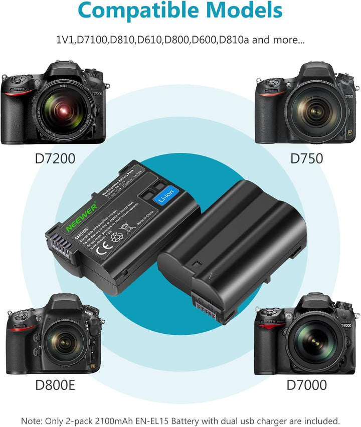 Neewer EN-EL15 EN-EL15A Akku-Ladegerätset, kompatibel mit Nikon D750, D7200, D7500, D850, D610, D500