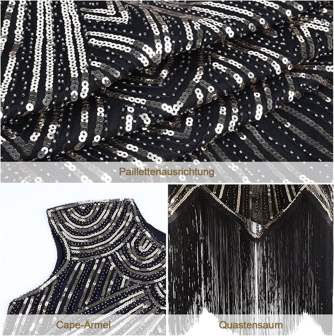 WILDPARTY 20er Jahre Kostüm Damen Charleston Kleid, Flapper Kleid mit Pailletten Perlen Fransen Netz
