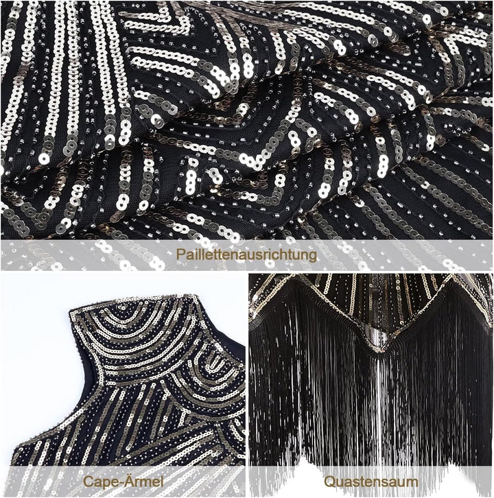 WILDPARTY 20er Jahre Kostüm Damen Charleston Kleid, Flapper Kleid mit Pailletten Perlen Fransen Netz