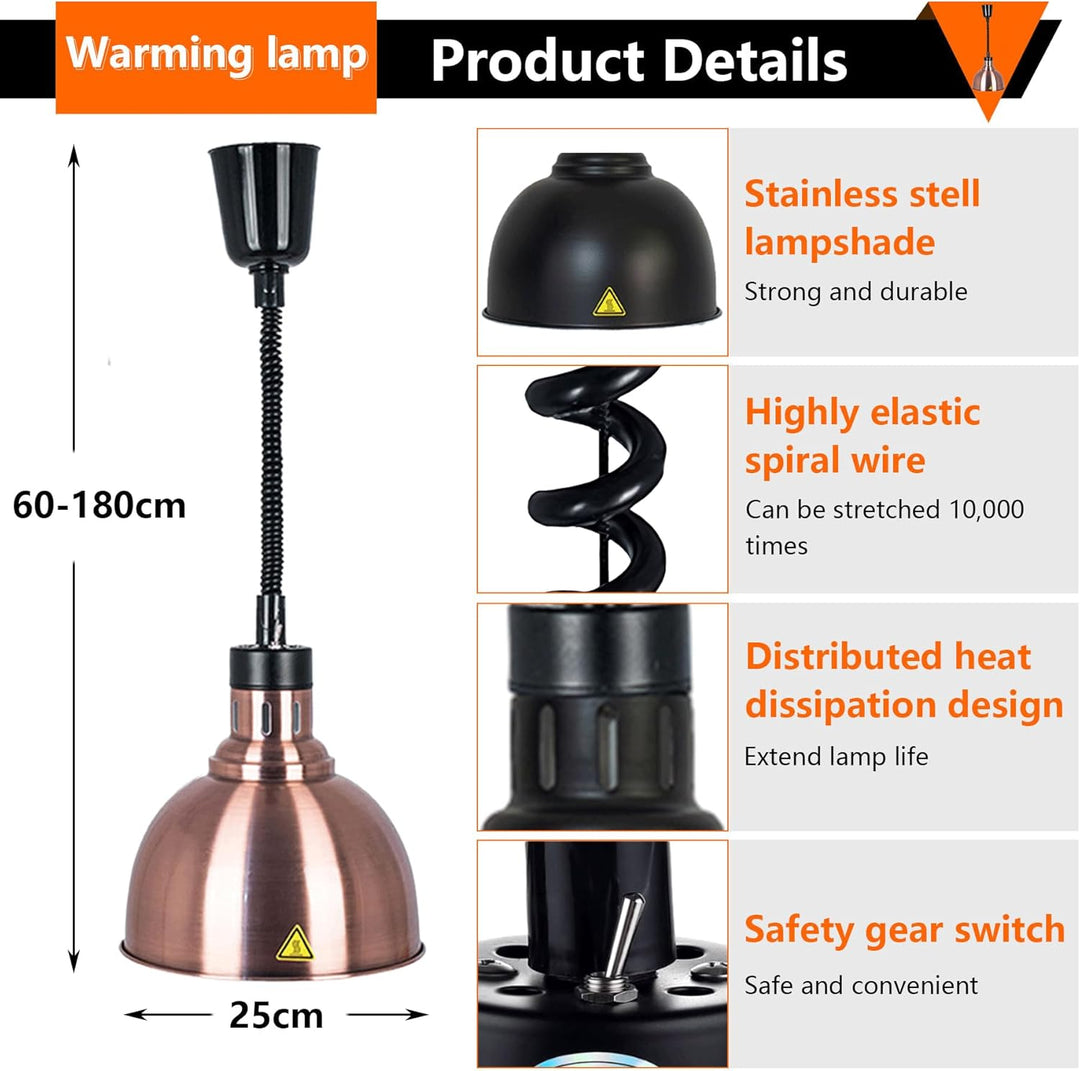 Wärmelampe Küche, 250W Hängend Wärmelampe Gastronomie für Speisen, 25cm Lebensmittel Wärmelampe für