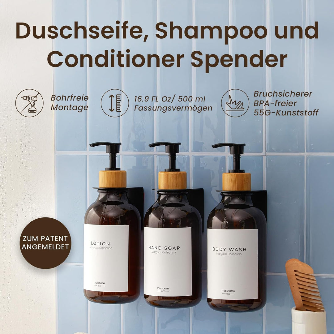 MaisoNovo Shampoo Flaschen zum befüllen – Duschseifen Seifenspender Wandbefestigung – 500 ml Set mit