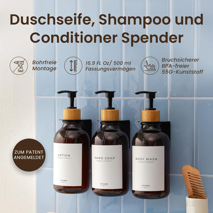 MaisoNovo Shampoo Flaschen zum befüllen – Duschseifen Seifenspender Wandbefestigung – 500 ml Set mit