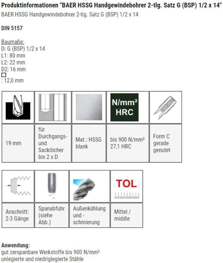 BAER HSSG Handgewindebohrer 2-tlg. Satz G (BSP) 1/2 x 14 - Handgewindebohrer-Satz Rohrgewinde, G (BS