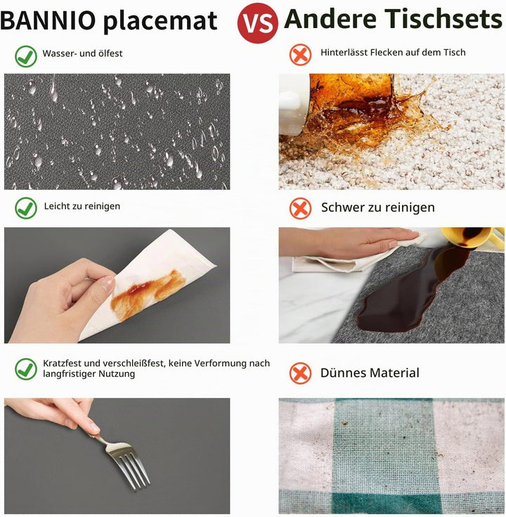 Tischsets Abwaschbar,6er Set Zweifarbig Platzset mit Untersetzer,Abwischbar Platzsets,Tischset Leder