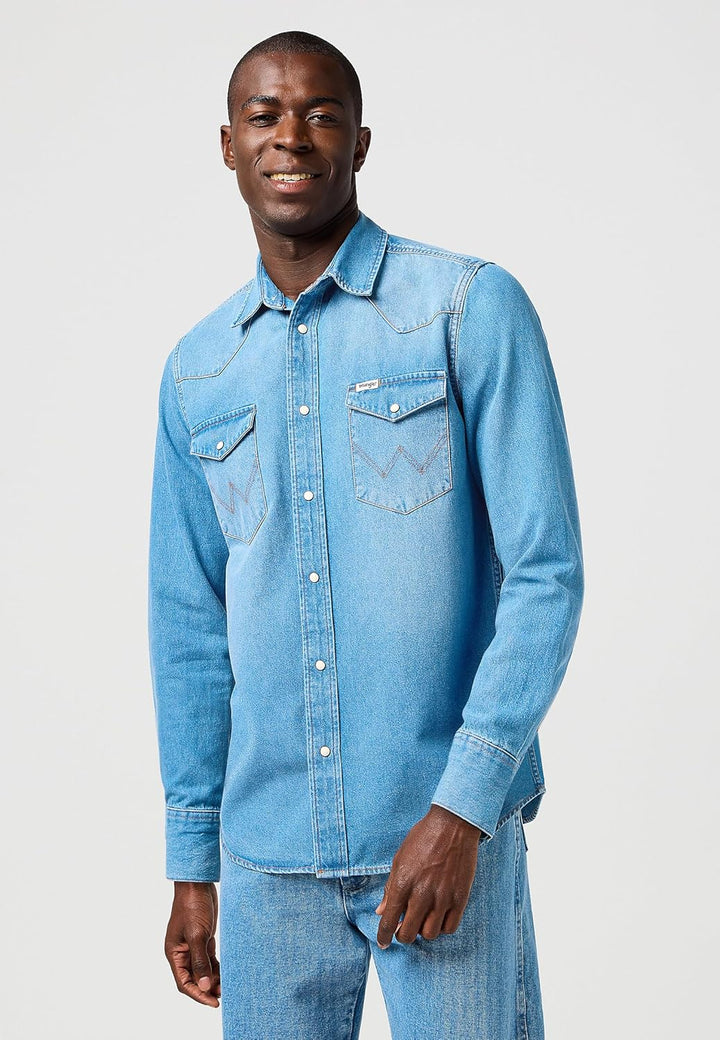 Wrangler Herren Western-Arbeitshemd, langärmelig, mit Druckknöpfen, verwaschenes Finish Hemd XXS Mid