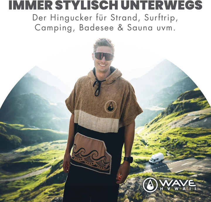 WAVE HAWAII Cumbuco Surfponcho für Körpergrössen von 160-190 cm Poncho 95% ÖKO Baumwolle Umkleidehil