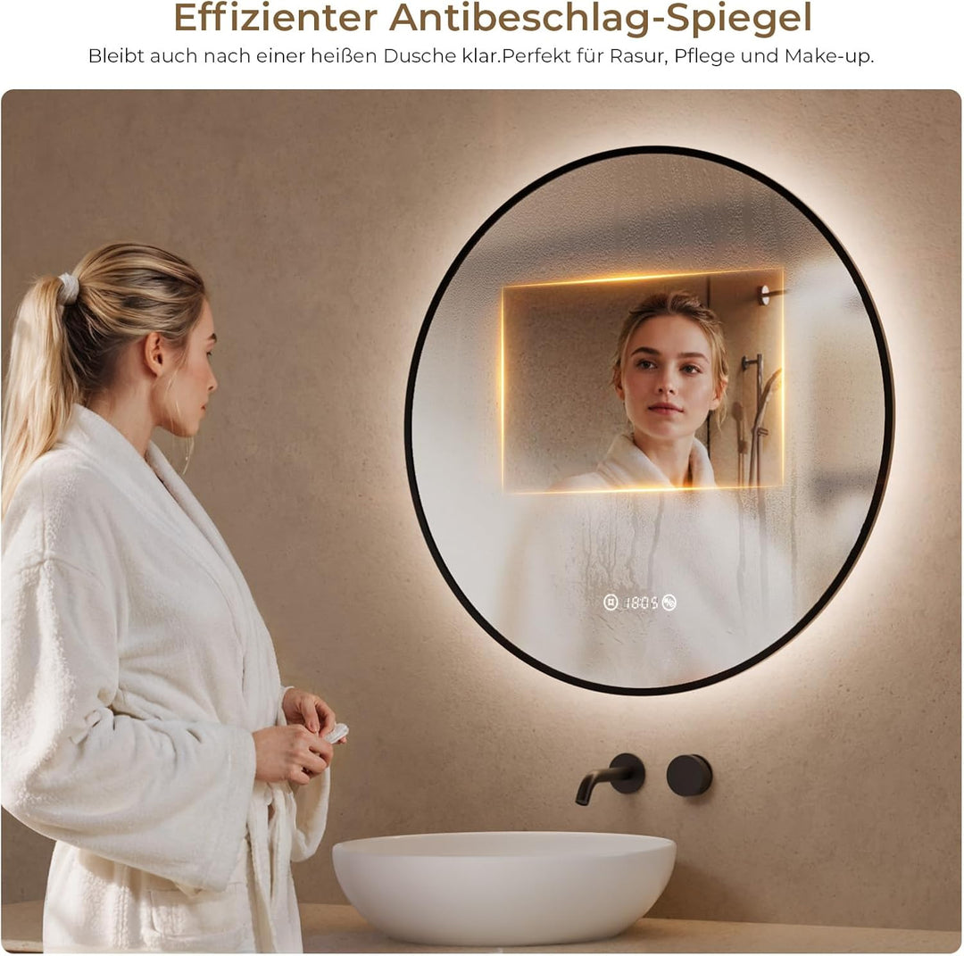 S'AFIELINA Badspiegel mit Beleuchtung Rund 60cm, Dimmbar Bad Spiegel mit Licht und Beschlagfrei-Funk