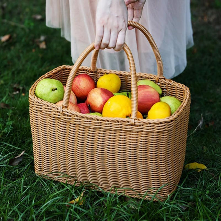 Cabilock Rattan Einkaufskorb Geflochtener Korb mit Henkel Obstkorb Picknickkorb Blumenkorb Wäschekor