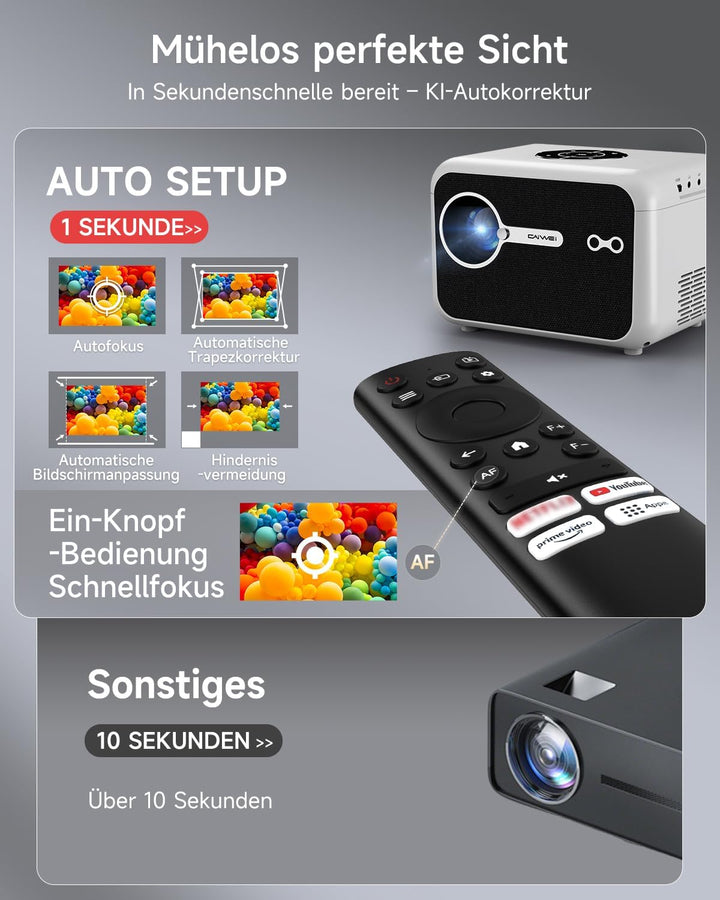 4K Smart Beamer mit HDMI eARC/CEC WiFi6 Bluetooth5.4, Tragbarer Projektors mit Autofokus und Objekti