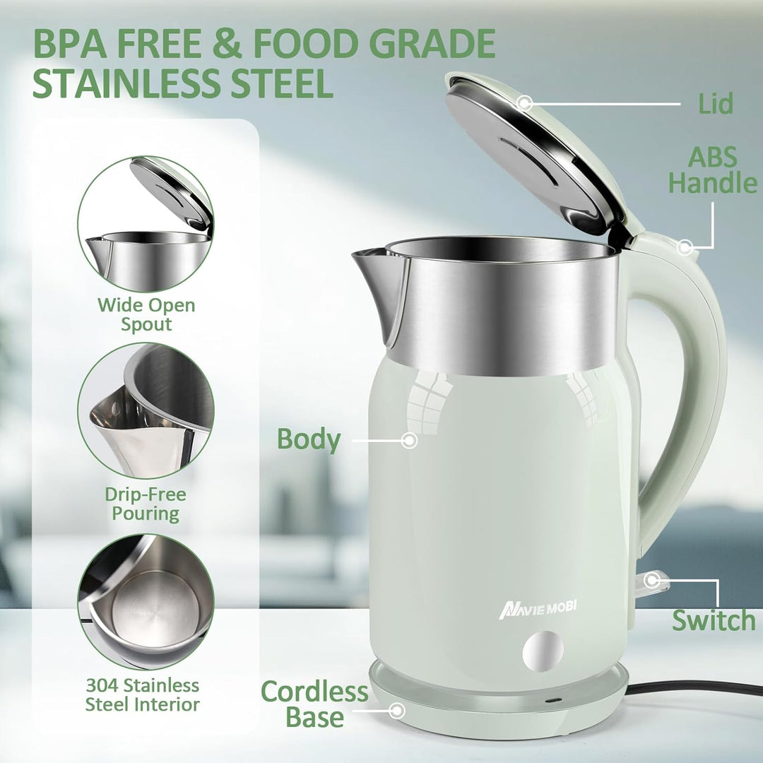 Wasserkocher Edelstahl mit 1.8 Liter,2200 Watt Schnellkochend Elektrischer Wasserkocher BPA Frei,Dop