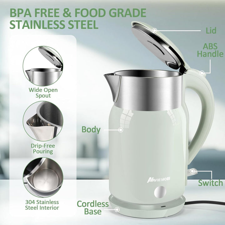 Wasserkocher Edelstahl mit 1.8 Liter,2200 Watt Schnellkochend Elektrischer Wasserkocher BPA Frei,Dop