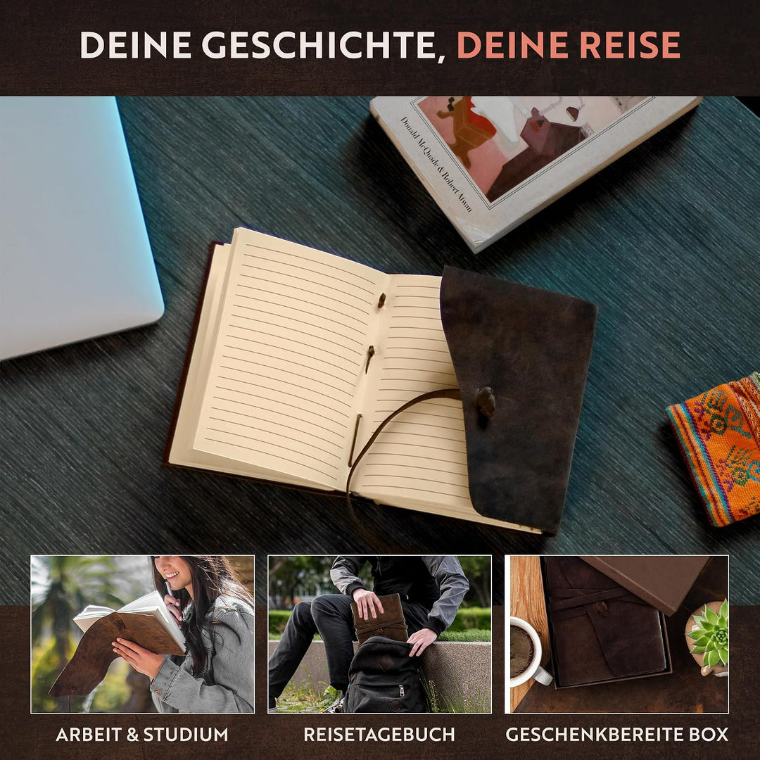 Leder Notizbuch - Ledergebundenes Tagebuch Für Erwachsene, 18x13cm, MOONSTER® Kleines Tagebuch, mit