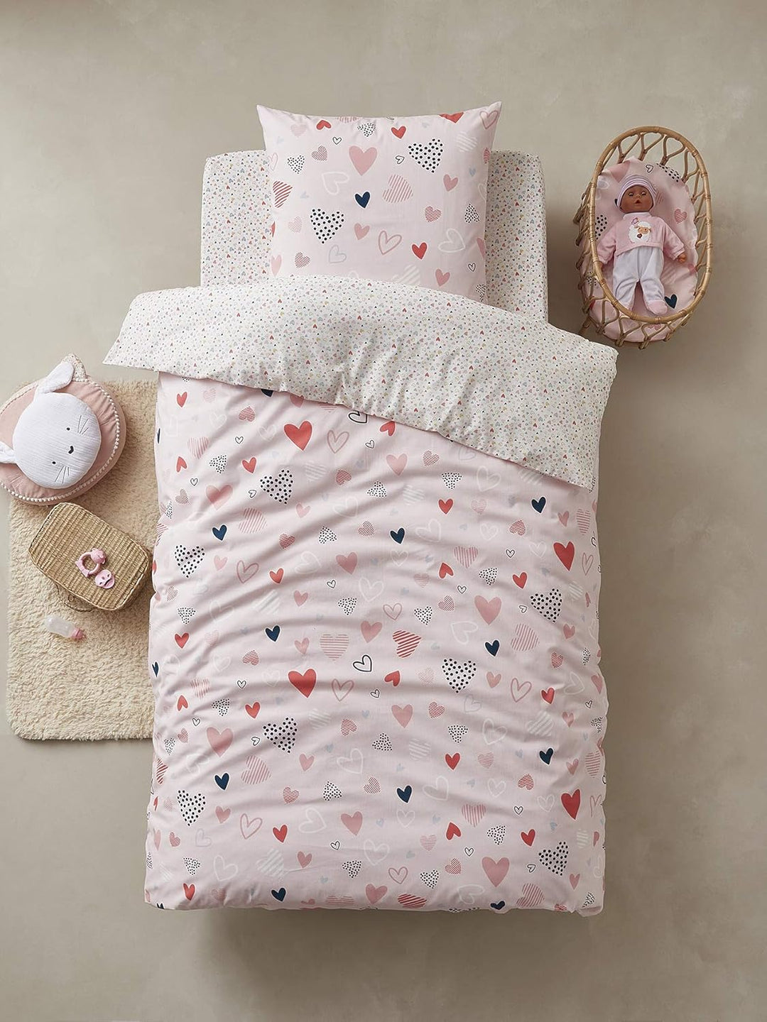 Vertbaudet Kinder Bettwäsche-Set „Fröhliche Herzen“ rosa/Mehrfarbig Bedruckt 140X200 - Kissen 50X75