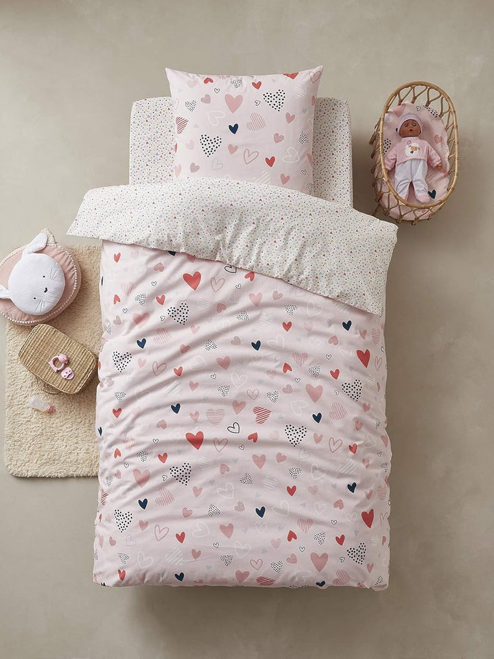 Vertbaudet Kinder Bettwäsche-Set „Fröhliche Herzen“ rosa/Mehrfarbig Bedruckt 140X200 - Kissen 50X75