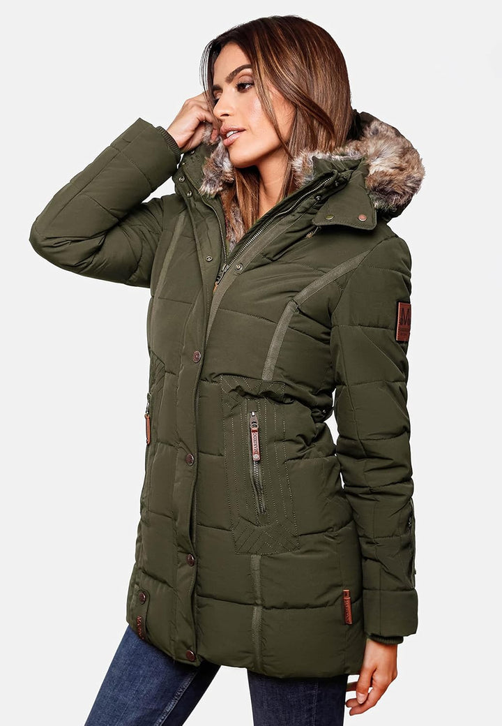 MARIKOO Damen Warmer Winter Steppmantel mit Kapuze Lieblings Jacke XS-XXL XS Olive, XS Olive
