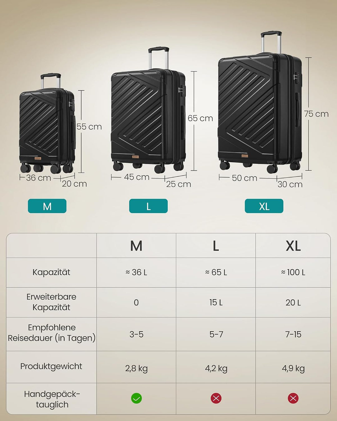SONGMICS Koffer, Reisekoffer, Hartschalenkoffer mit TSA-Schloss, Koffergurt, ABS-Trolley, 4 Zwilling