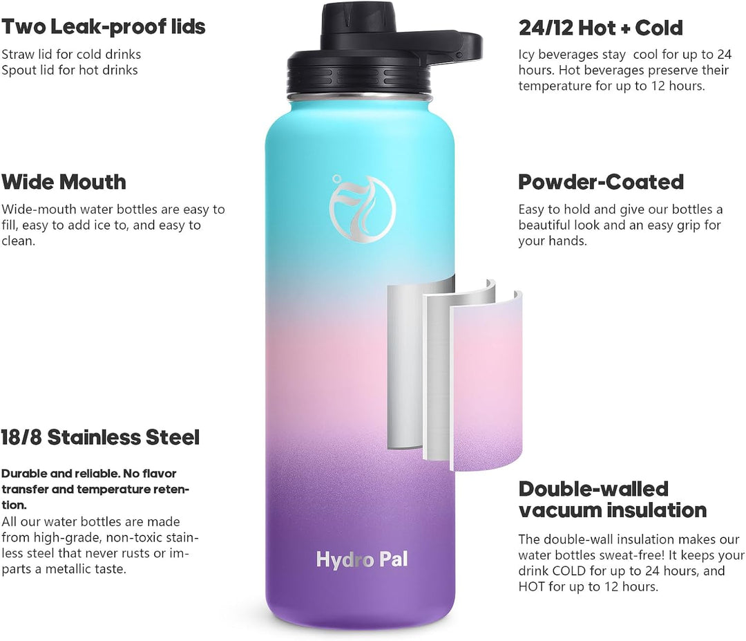 HydroPal Edelstahl Trinkflasche - 1,2L BPA-Frei, Kohlensäure geeignet, Isolierte Thermosflasche mit