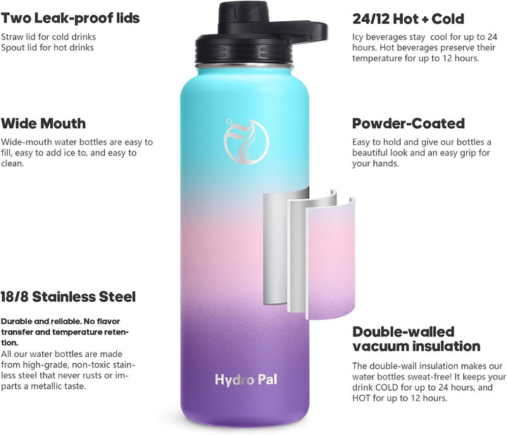 HydroPal Edelstahl Trinkflasche - 1,2L BPA-Frei, Kohlensäure geeignet, Isolierte Thermosflasche mit