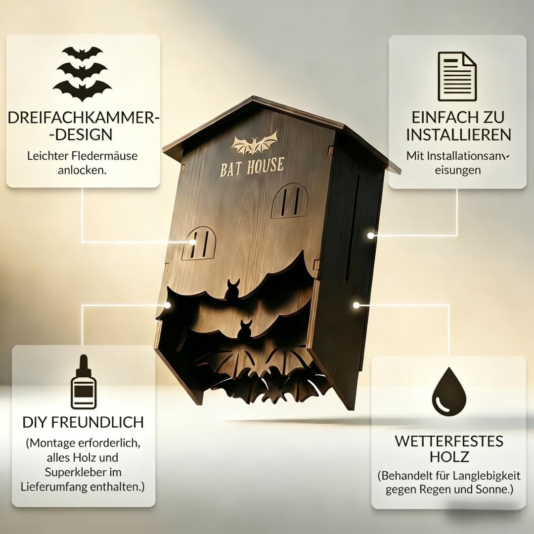 Fledermauskasten aus Holz mit 3-Kammer-System für bessere Ansiedlung, DIY-Bausatz, einfach zu montie
