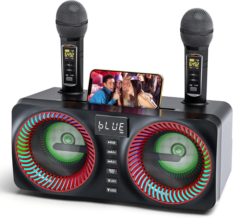 Bluetooth Karaoke Lautsprecher - GJCrafts, Karaoke Anlage mit 2 Drahtlosen Mikrofonen, Karaoke PA-Sy